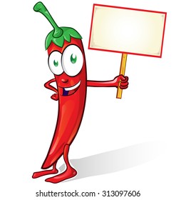 chili cartoon isolated with signboard on white background