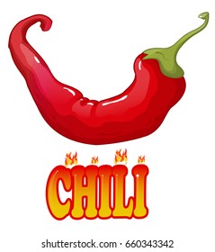 Chili cartoon vector illustration of red pepper with fire, with flame on white background