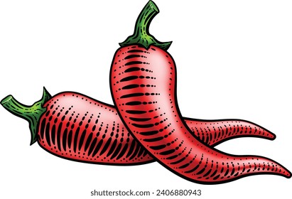 Chili, chile or chilli pepper vegetable illustration in a vintage retro woodcut etching style.