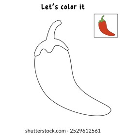 Páginas de colorir chili para crianças. Pimenta de traço e cor. Chili Flashcard para crianças. Vegetal vermelho chili linha arte vetor para colorir livros. Planilhas de jardim de infância e pré-escola imprimíveis para crianças. 