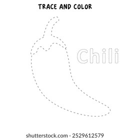 Páginas de colorir chili para crianças. Pimenta de traço e cor. Chili Flashcard para crianças. Vegetal vermelho chili linha arte vetor para colorir livros. Planilhas de jardim de infância e pré-escola imprimíveis para crianças. 