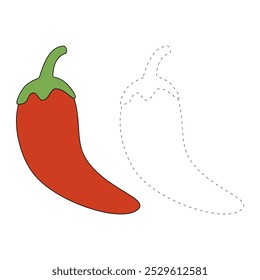 Páginas de colorir chili para crianças. Pimenta de traço e cor. Chili Flashcard para crianças. Vegetal vermelho chili linha arte vetor para colorir livros. Planilhas de jardim de infância e pré-escola imprimíveis para crianças. 