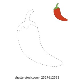 Páginas de colorir chili para crianças. Pimenta de traço e cor. Chili Flashcard para crianças. Vegetal vermelho chili linha arte vetor para colorir livros. Planilhas de jardim de infância e pré-escola imprimíveis para crianças. 