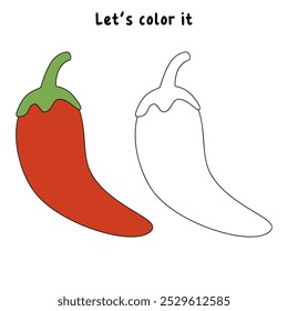 Páginas de colorir chili para crianças. Pimenta de traço e cor. Chili Flashcard para crianças. Vegetal vermelho chili linha arte vetor para colorir livros. Planilhas de jardim de infância e pré-escola imprimíveis para crianças. 