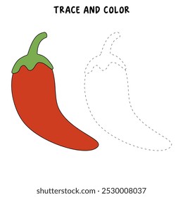 Páginas de colorir chili para crianças. Pimenta de traço e cor.  Chilli Vegetable Flashcard para crianças. Vermelho chili linha arte vetor para colorir livros. Planilhas de jardim de infância e pré-escola imprimíveis para crianças. 