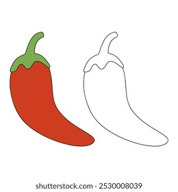 Páginas de colorir chili para crianças. Pimenta de traço e cor.  Chilli Vegetable Flashcard para crianças. Vermelho chili linha arte vetor para colorir livros. Planilhas de jardim de infância e pré-escola imprimíveis para crianças. 