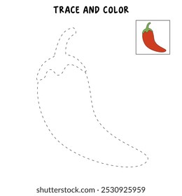 Chili coloring pages for kids. Trace and color chili.  Chili Vegetable Flashcard for kids. Red chili line art vector for coloring books. Kindergarten and preschool worksheets printable for kids. 