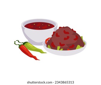 Chili con carne, beans and hot peppers flat style, vector illustration isolated on white background. Decorative design element for cafe or restaurant, traditional Mexican spicy food and dishes