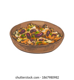 Chili con carne in bowl - mexican traditional food. Vector vintage hatching