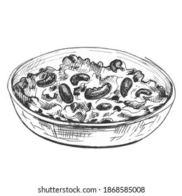 Chili con carne in bowl - mexican traditional food. Vector vintage hatching