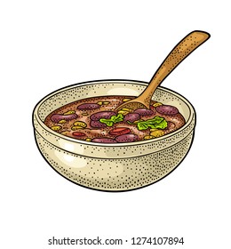 Chili con carne in bowl with spoon - mexican traditional food. Vector vintage color engraved illustration for menu, poster, web. Isolated on white background.