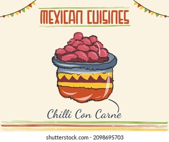 Chili con carne in bowl with spoon - Mexican traditional food. an Mexican isolated dish colored vector doodle. Mexican cuisine set.