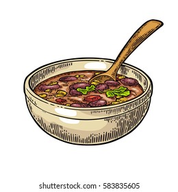 Chili con carne in bowl with spoon - mexican traditional food. Vector vintage color engraved illustration for menu, poster, web. Isolated on white background svg