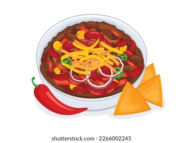 Chili con carne bowl vector illustration. Traditional Mexican spicy dish Chili with meat, beans, cheese and nacho chips icon vector isolated on white background svg