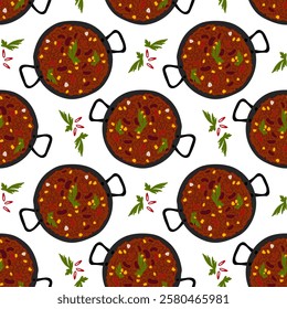 Chili con carne cast iron pan, parsley leaves and chili paper slices Seamless Pattern Mexican food