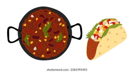 Chili con carne cast iron pan and Taco meat filling with greens and vegetables Mexican cuisine Set 2