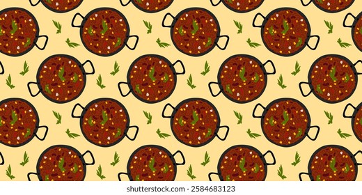 Chili con carne cast iron pan and parsley leaves Seamless Pattern on soft yellow. Food promo idea