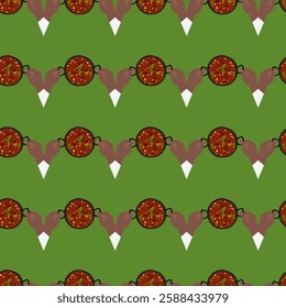 Chili con carne cast iron pan in Male hands Seamless Pattern on green. Traditional Mexican food fond