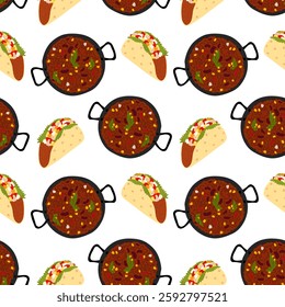 Chili con carne cast iron skillet and meat and vegetable fill Taco Traditional Mexican food Seamless Pattern