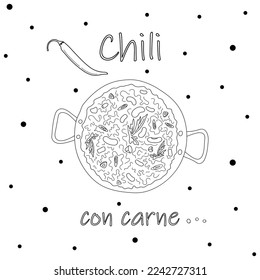 Chili con carne in a deep saucepan against background of the inscription and a chili pepper. Doodle