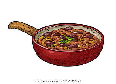 Chili con carne in pan - mexican traditional food. Vector vintage color engraving illustration for menu, poster, web. Isolated on white background