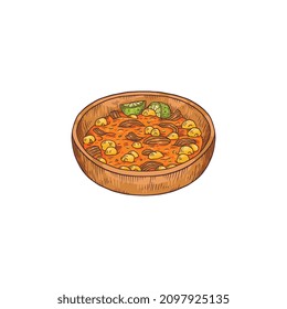 Chili con carne traditional mexican dish, colored sketch vector illustration isolated on white background. Hand drawn meal with meat and beans in bowl with engraving.