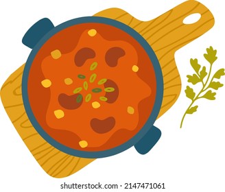 Chili con carne. Traditional mexican dish with beans in a pan. National street fast food. Vector illustration isolated on white background.