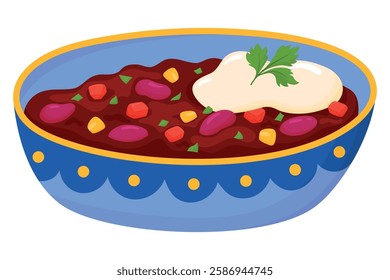 Chili Con Carne - Traditional Mexican Spicy Bean Stew with Tomatoes, Corn, and Sour Cream Garnished with Fresh Parsley. Latin American Cuisine Illustration for Menus, Recipes, and Food Designs