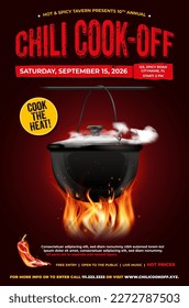 Chili cook-of poster template with cauldron above fire and copy space for your text - vector illustration