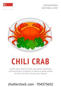 Chili crab. National singaporean dish. View from above. Vector flat illustration.
