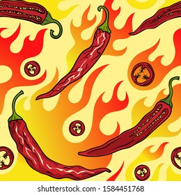 The chili is fiery. Seamless pattern with chili peppers, slices and seeds.