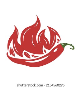 Vector De Diseño Con Logotipo De Incendio. El fuego ardiente y el chile rojo aislado en un fondo blanco. Ilustración vectorial para el restaurante de comida picante o el diseño de menú.