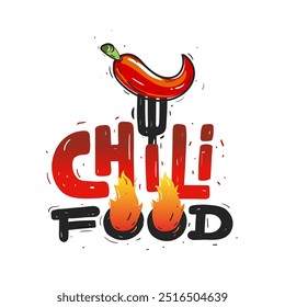 Comida De Chilli. Logotipo do vetor, adesivo, crachá, logotipo. Garfo com pimenta em chamas. Letras de mão. Ilustração vetorial.