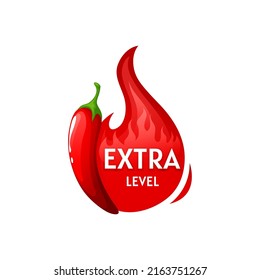 Chili habanero pepper hot taste scale maxi strength emblem, red burning fire. Vector extraordinary spicy level of jalapeno, tabasco or ketchup flavour spice. Label of asian mexican cuisine food spice