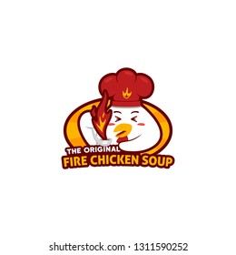 Chili hot chicken soup logo with cute chicken chef holding ladle with fire flame soup illustration