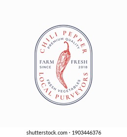 Chili Hot Pepper Frame Badge or Logo Template. Hand Drawn Red Vegetable Sketch with Retro Typography and Borders. Vintage Premium Oval Emblem. Isolated.