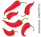 Chili hot pepper icon set. Fresh red chili cayenne peppers. Hot food spices. Sticker print template. Flat design. Isolated on White background. Vector illustration. EPS 10