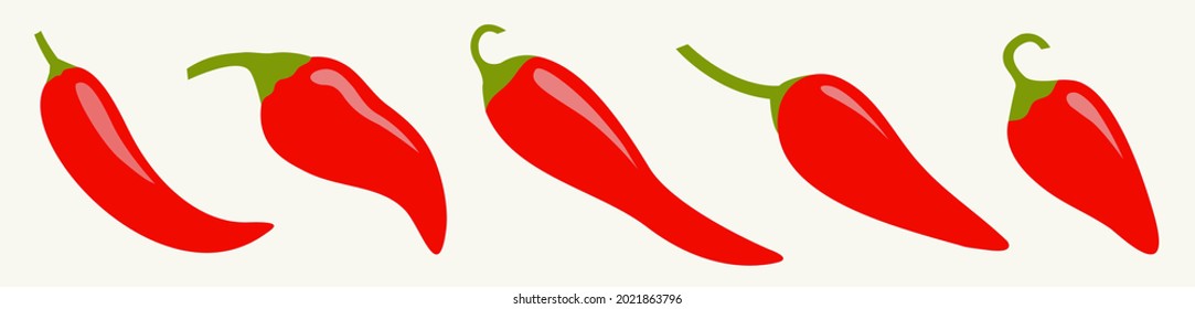 Chili hot pepper icon set line. Red chilli cayenne peppers. Vegetable collection. Flat design. White background. Isolated. Vector illustration