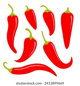 Chili hot pepper icon set. Fresh red chili cayenne peppers. Hot food spices. Sticker print template. Flat design. White background. Isolated. Vector illustration