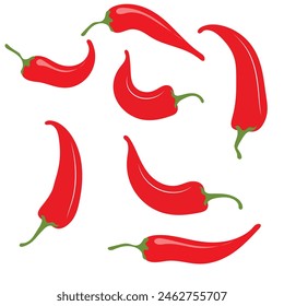 Conjunto de iconos de pimienta picante. Pimientos de cayena de chile rojo fresco. Especias de comida caliente. Plantilla de impresión de pegatina. Diseño plano. Aislado sobre fondo blanco. Ilustración vectorial. EPS 10