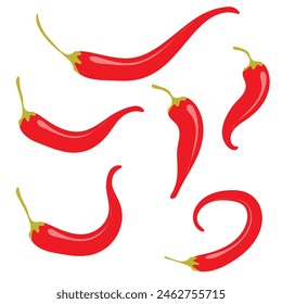 Conjunto de iconos de pimienta picante. Pimientos de cayena de chile rojo fresco. Especias de comida caliente. Plantilla de impresión de pegatina. Diseño plano. Aislado sobre fondo blanco. Ilustración vectorial. EPS 10