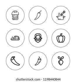 Chili icon set. collection of 9 outline chili icons with chili, ginger, paprika, pepper, seasoning, tacos icons. editable icons.