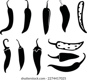 Chili icon set. Pepper icon. Hot pepper icon. Chili pepper silhouettes