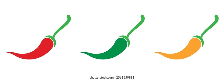 Chili icons. Hot and spicy symbol. Red, green and yellow chili icon collection. Chili pepper vegetable set isolated on white background. Vector illustration.