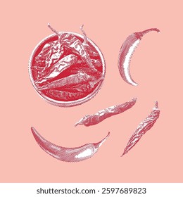 Chili illustration, halftone vector line drawing on orange background.