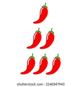 Chili level icons set. Spice level marks. Red hot chili pepper. Mild, spicy, hot, extra hot meter. Stock vector illustration isolated on white background.