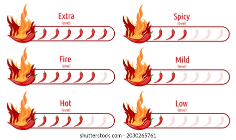 Chili level indicator.
Extra searing, Fire, mild, low grief.
Cooking food with hot red pepper sauce. Vector illustration