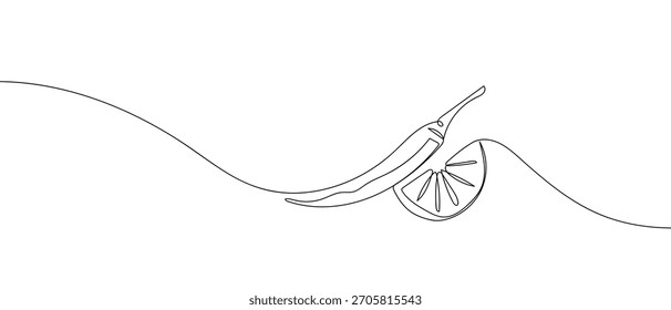Chili and lime in one continuous line one line vector illustration.