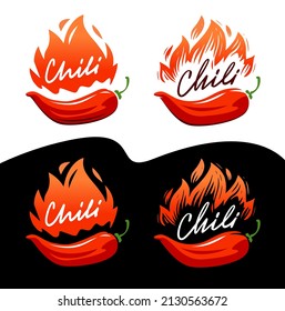 Logo de Chili con logo contra el fuego. Símbolo picante de pimienta. Ilustración del vector