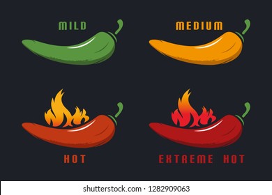 Chili Mild, Medium, Hot, Extreme Hot With Flame - Colorful Vector Illustration - Isolated On Black Background